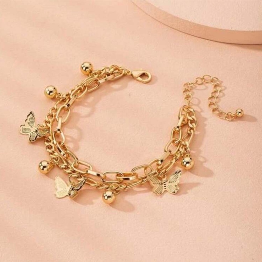 Gold  Butterfly Layered Charm Bracelet